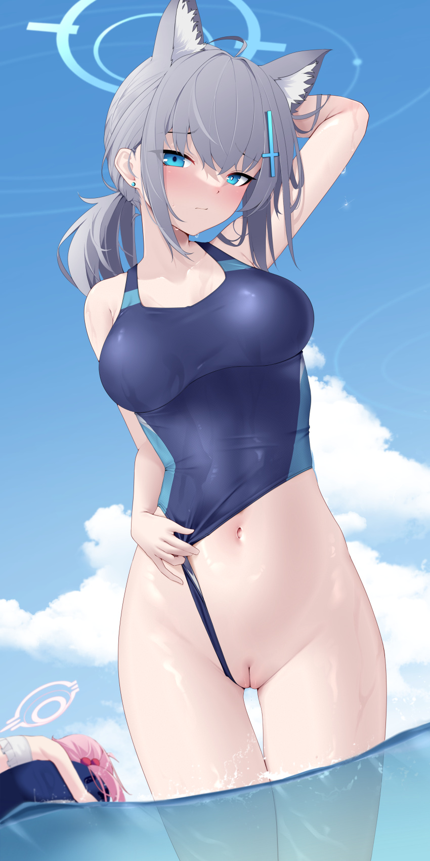 2girls absurdres animal_ears arm_up bangs blue_archive blue_eyes blue_one-piece_swimsuit blue_sky blush breasts closed_mouth clothing_aside grey_hair hair_ornament hairclip halo highleg highleg_swimsuit highres hoshino_(blue_archive) hoshino_(swimsuit)_(blue_archive) large_breasts looking_at_viewer medium_hair multiple_girls navel one-piece_swimsuit outdoors partially_submerged pink_hair pussy shiroko_(blue_archive) shiroko_(swimsuit)_(blue_archive) sidelocks sky solo_focus swimsuit swimsuit_aside thigh_gap thighs uncensored water wet z.taiga