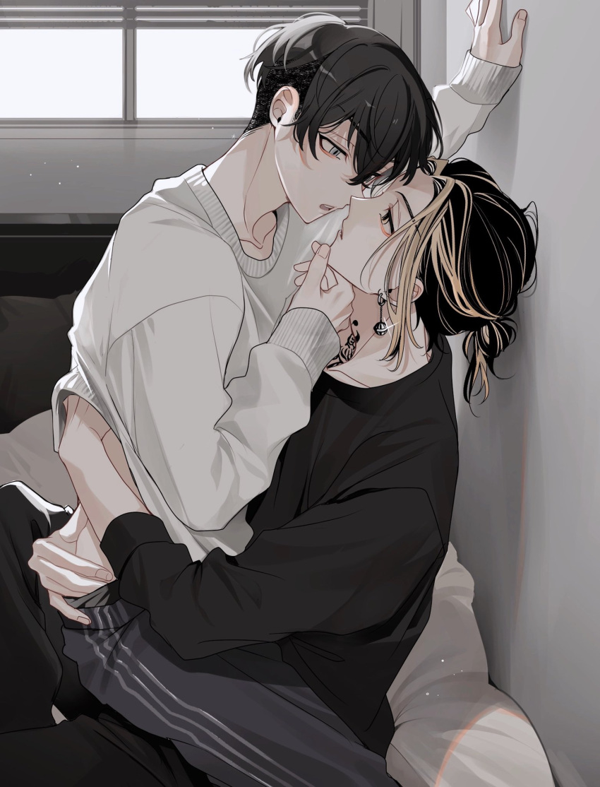 2boys bangs bed black_hair black_pants black_shirt blonde_hair collarbone commentary_request crossed_bangs earrings eye_contact glint grey_eyes grey_pants hair_between_eyes hair_bun hand_on_another's_chin hand_up hanemiya_kazutora highres imminent_kiss indoors jewelry long_sleeves looking_at_another male_focus matsuno_chifuyu medium_hair multicolored_hair multiple_boys neck_tattoo neconecowc on_bed open_mouth pants parted_bangs pillow ponytail profile shirt short_hair sidelocks single_hair_bun sitting sitting_on_lap sitting_on_person streaked_hair tattoo teeth tokyo_revengers undercut upper_teeth_only white_shirt window yaoi