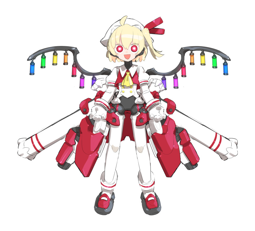 1girl :d absurdres ahoge ascot blonde_hair cheri_zao commentary flandre_scarlet full_body hat hat_ribbon highres joints looking_at_viewer mob_cap one_side_up open_mouth red_eyes red_ribbon red_vest ribbon robot_girl robot_joints short_hair simple_background smile solo straight-on touhou vest white_background white_headwear wings yellow_ascot