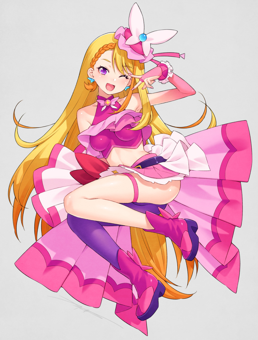 1girl belt_bow blonde_hair boots breasts brooch butterfly_earrings crop_top cure_butterfly earrings elbow_gloves gloves hair_ornament highres hirogaru_sky!_precure jewelry kazuma_muramasa long_hair looking_at_viewer medium_breasts one_eye_closed open_mouth pink_footwear pink_skirt precure purple_eyes sitting skirt smile solo very_long_hair wing_brooch