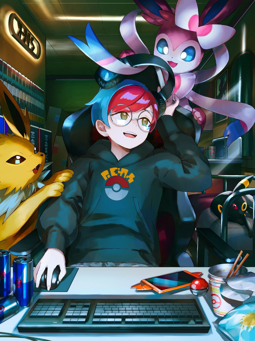 1girl :d bangs bed black_hoodie blue_hair brown_eyes ceiling chopsticks commentary_request desk energy_drink glasses hand_up headphones highres holding hood hoodie indoors jolteon keyboard_(computer) mouse_(computer) open_mouth orange_mikan penny_(pokemon) poke_ball poke_ball_(basic) poke_ball_print pokemon pokemon_(creature) pokemon_(game) pokemon_sv red_hair rotom rotom_phone round_eyewear short_hair smile sylveon teeth tongue umbreon upper_teeth_only