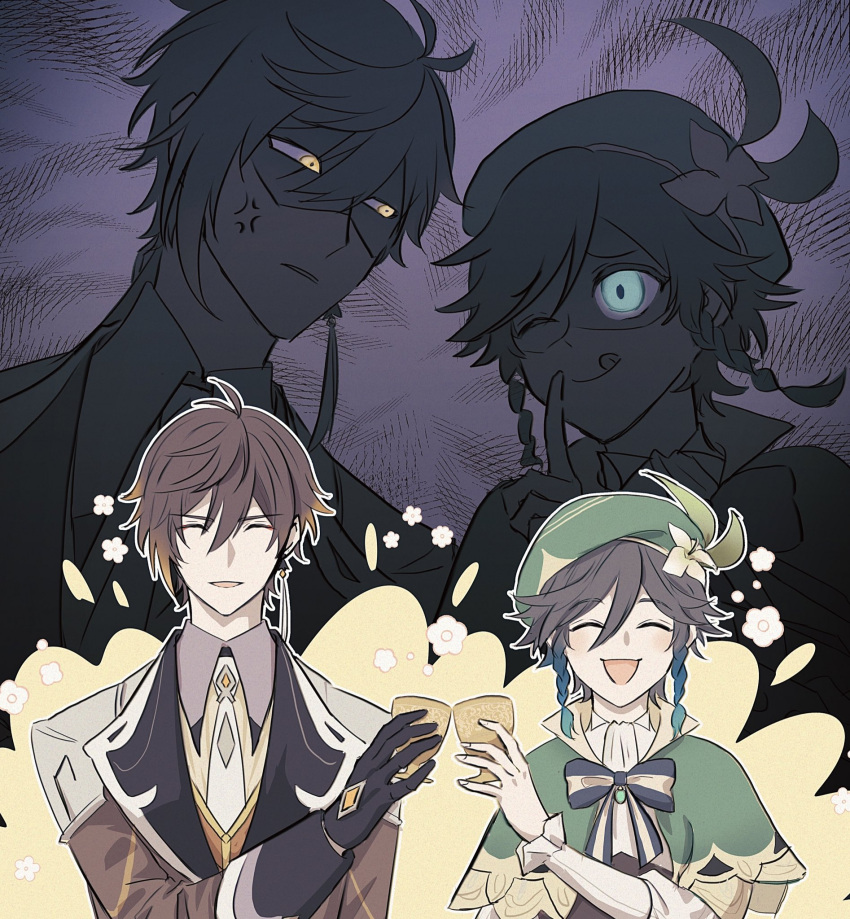 2boys ;q anger_vein antenna_hair aqua_eyes bangs black_gloves blush brooch brown_hair cape cecilia_flower_(genshin_impact) closed_eyes collared_cape cup earrings genshin_impact gloves gradient_hair green_cape highres holding holding_cup jewelry juliet_sleeves long_sleeves looking_at_another multicolored_hair multiple_boys necktie one_eye_closed open_mouth orange_eyes puffy_sleeves shaded_face sidelocks single_earring tassel tassel_earrings tongue tongue_out uoo_minagiru venti_(genshin_impact) white_necktie zhongli_(genshin_impact)