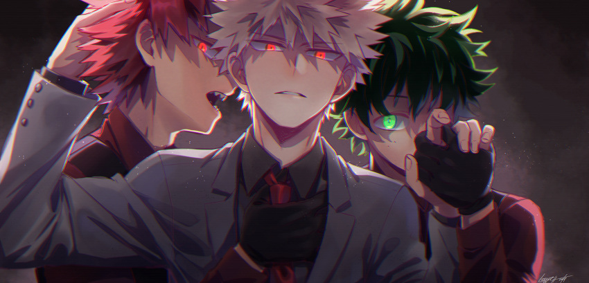 3boys alternate_costume bakugou_katsuki bangs behind_another black_shirt black_vest blonde_hair blurry boku_no_hero_academia buttons chromatic_aberration collared_shirt commentary covered_face creepy_eyes dark_persona depth_of_field eyes_visible_through_hair fog formal freckles gloves glowing glowing_eyes green_eyes green_hair green_pupils grey_jacket hand_in_another's_hair hand_on_another's_chest hand_under_clothes hand_up hands_up head_tilt highres holding_hands jacket kirishima_eijirou light_particles long_sleeves looking_at_viewer looking_to_the_side lowah male_focus midoriya_izuku multiple_boys narrowed_eyes necktie open_mouth parted_lips profile red_eyes red_hair red_necktie red_shirt scanlines scar scar_across_eye scar_on_face shaded_face shadow sharp_teeth shirt short_hair sideways_glance signature simple_background slit_pupils spiked_hair straight-on suit teeth upper_body vest wing_collar