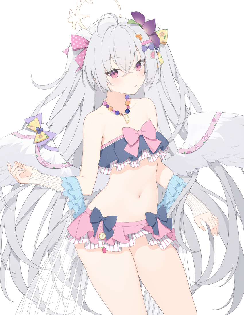 1girl absurdres ahoge angel_wings azusa_(blue_archive) azusa_(swimsuit)_(blue_archive) bare_shoulders bead_necklace beads bikini bikini_skirt blue_archive bow feathered_wings flower frilled_bikini frills grey_hair hair_bow hair_flower hair_ornament halo highres jewelry jyt long_hair looking_at_viewer midriff navel necklace off_shoulder official_alternate_costume parted_lips pink_eyes solo stomach swimsuit thighs two-tone_bikini two_side_up very_long_hair wings