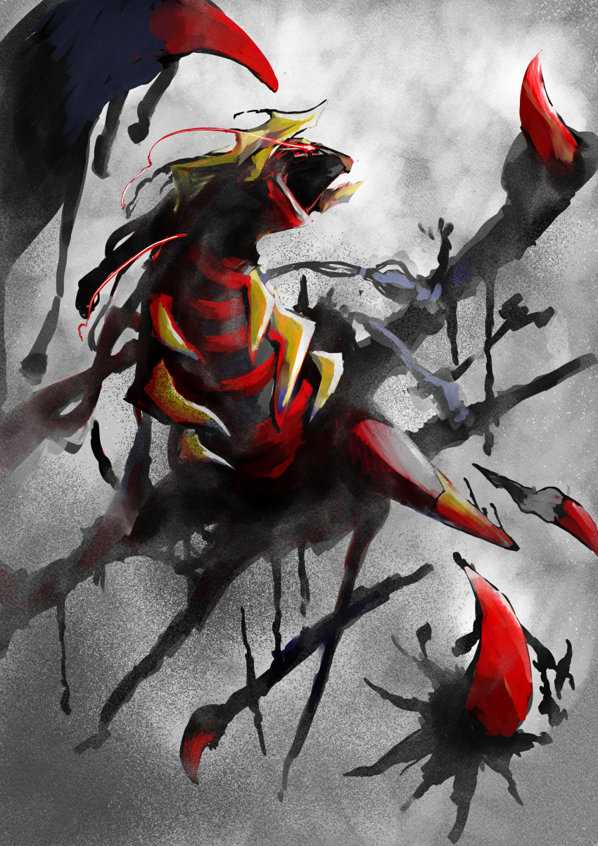 absurdres commentary_request eye_trail from_below giratina giratina_(origin) highres horns karaage-senpai light_trail no_humans open_mouth pokemon pokemon_(creature) red_eyes solo spikes