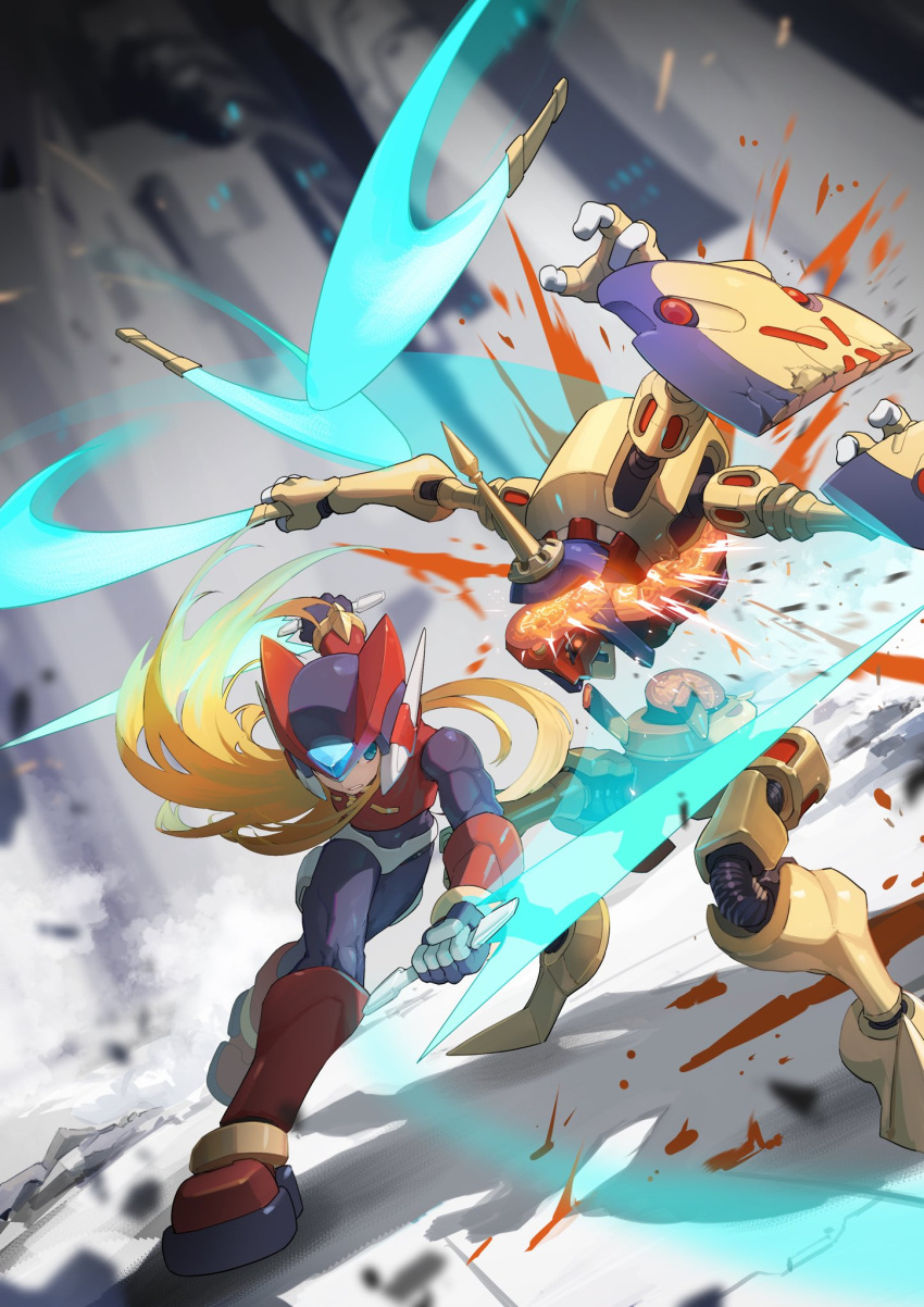1boy armor asura_basura battle blonde_hair blue_eyes blurry blurry_background clenched_teeth commentary energy_sword extra_arms floating_hair full_body helmet highres holding holding_sword holding_weapon long_hair looking_at_another mega_man_(series) mega_man_zero parted_lips red_headwear robot slashing smoke sparks standing sword tanziya_(codlxcold) teeth very_long_hair weapon zero_(mega_man)