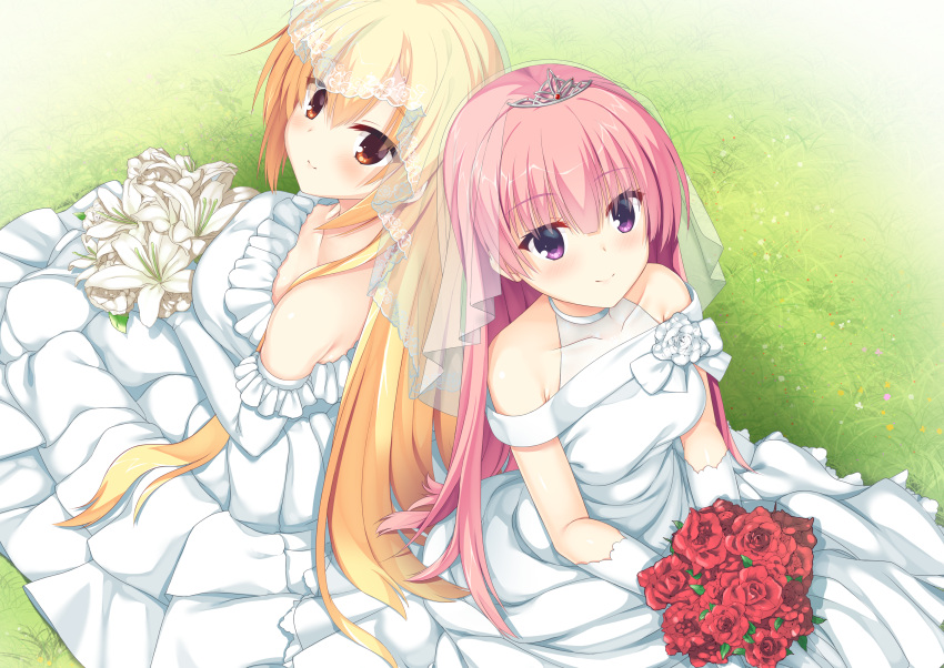 2girls 8kumagawa_(log) absurdres arihara_nanami back-to-back bangs bare_shoulders blonde_hair blunt_bangs blush bouquet breasts bridal_veil collarbone dress dress_flower elbow_gloves floral_print flower frilled_dress frilled_gloves frills from_above gloves grass hair_between_eyes head_tilt highres holding holding_bouquet large_breasts long_hair looking_at_viewer medium_breasts mitsukasa_ayase multiple_girls on_grass pink_hair purple_eyes red_eyes red_flower red_rose riddle_joker rose sidelocks sitting smile straight_hair tiara veil very_long_hair wedding_dress white_dress white_flower white_gloves white_lily