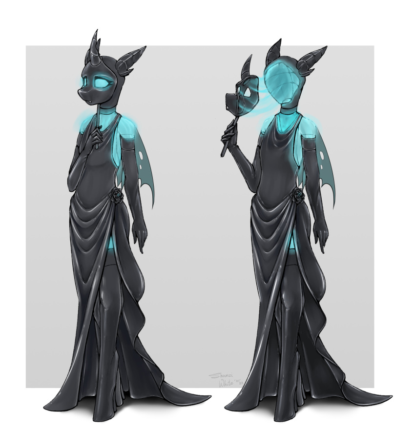 absurd_res anthro armwear arthropod changeling clothing dress elbow_gloves ethereal friendship_is_magic girly gloves handwear hasbro hi_res latex latex_dress legwear long_dress male mask my_little_pony shamziwhite standing thigh_highs wings