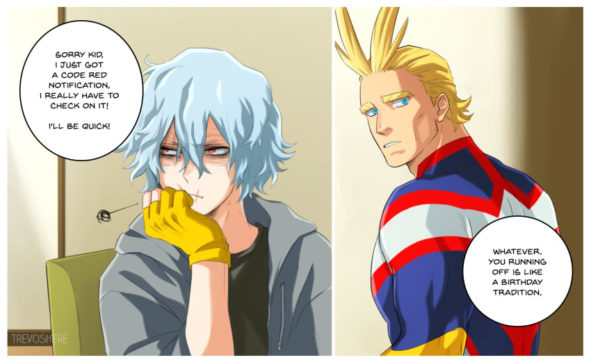 2boys all_might alternate_costume artist_name blonde_hair blue_bodysuit blue_eyes bodysuit boku_no_hero_academia border english_text fingerless_gloves gloves green_shirt grey_hair grey_jacket hair_between_eyes hood hooded_jacket jacket looking_at_another male_focus multicolored_bodysuit multicolored_clothes multiple_boys open_clothes open_jacket red_bodysuit red_eyes scar scar_on_face scar_on_mouth shigaraki_tomura shirt speech_bubble squiggle superhero teeth trevo_(trevoshere) white_bodysuit white_border yellow_gloves