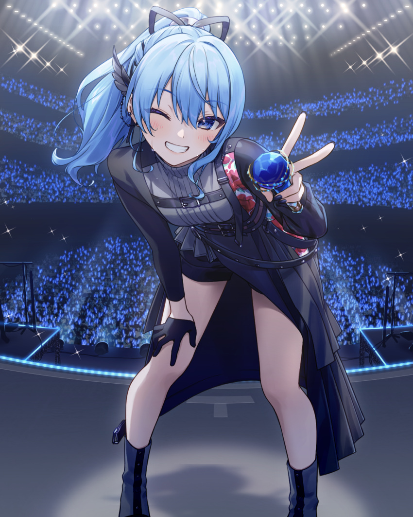 1girl akabino audience belt black_belt black_gloves black_nails black_shirt black_shorts blue_eyes blue_hair blush boots commentary_request concert feet_out_of_frame floral_print gloves grin hair_ribbon high_ponytail highres holding holding_microphone hololive hoshimachi_suisei leaning_forward legs long_hair long_sleeves microphone official_alternate_costume official_alternate_hairstyle one_eye_closed penlight ribbon rose_print shirt short_shorts shorts single_glove smile solo stage stage_lights sweat v virtual_youtuber wing_hair_ornament