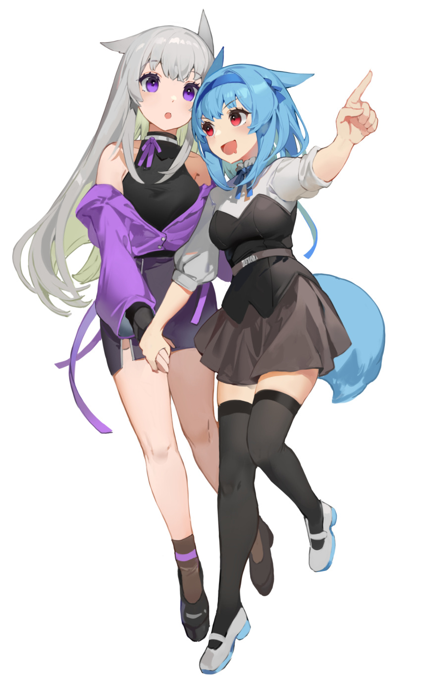 :d :o akizone animal_ears bangs bare_shoulders black_footwear black_thighhighs blue_hair blue_hairband blue_ribbon breasts brown_skirt brown_socks cat_ears collar commentary final_fantasy final_fantasy_xiv full_body grey_hair hairband highres holding_hands jacket large_breasts long_hair long_sleeves medium_breasts neck_ribbon pink_jacket pink_ribbon pointing red_eyes ribbon shoes skirt smile socks symbol-only_commentary thighhighs white_footwear zettai_ryouiki