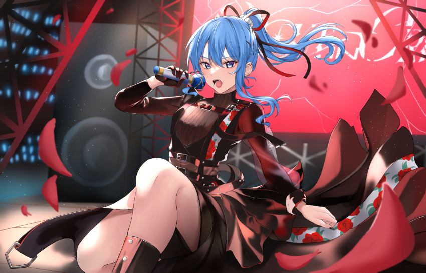 1girl absurdres bare_legs black_gloves black_nails blue_eyes blue_hair concert ear_piercing floating_hair floral_print flower gloves hair_ribbon high_ponytail highres holding holding_microphone hololive hoshimachi_suisei idol kneeling long_hair microphone official_alternate_costume official_alternate_hairstyle one_knee open_mouth petals piercing red_flower red_rose ribbon rose rose_petals rose_print shinigami_kiraki single_glove solo stage star_(symbol) star_in_eye symbol_in_eye teeth virtual_youtuber