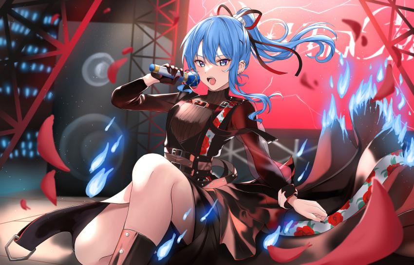 1girl absurdres bare_legs black_gloves black_nails blue_eyes blue_fire blue_hair concert ear_piercing fire floating_hair floral_print flower gloves hair_ribbon high_ponytail highres holding holding_microphone hololive hoshimachi_suisei idol kneeling long_hair microphone official_alternate_costume official_alternate_hairstyle one_knee open_mouth petals piercing red_flower red_rose ribbon rose rose_petals rose_print shinigami_kiraki single_glove solo stage star_(symbol) star_in_eye symbol_in_eye teeth virtual_youtuber