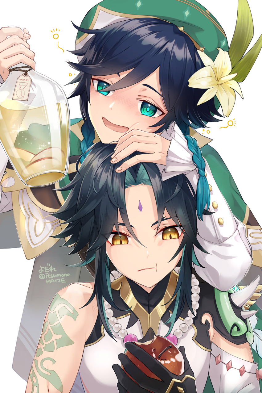2boys absurdres alcohol apple arm_tattoo arm_up armor artist_name bangs bare_shoulders beret black_gloves black_hair blue_gemstone blue_hair blush bottle braid buttons capelet closed_mouth crystal crystal_print dark_blue_hair detached_sleeves drooling drunk eating eyeshadow facial_mark fingernails flower food forehead_mark fruit gem genshin_impact gloves gradient_hair green_capelet green_eyes green_hair green_headwear hair_between_eyes hand_on_another's_head hand_up hands_up hat hat_flower hat_ornament highres holding holding_bottle holding_food holding_fruit itsumono_katze jewelry leaf leaf_hat_ornament long_sleeves looking_down looking_to_the_side makeup male_focus mandarin_collar multicolored_hair multiple_boys necklace open_mouth parted_bangs pearl_necklace pom_pom_(clothes) puffy_long_sleeves puffy_sleeves red_eyeshadow shirt short_hair shoulder_armor sidelocks simple_background single_detached_sleeve sitting sleeveless sleeveless_shirt sparkle sparkling_eyes standing tattoo tongue twin_braids two-tone_hair v-shaped_eyebrows venti_(genshin_impact) vision_(genshin_impact) white_background white_shirt wide_sleeves xiao_(genshin_impact) yellow_eyes yellow_flower