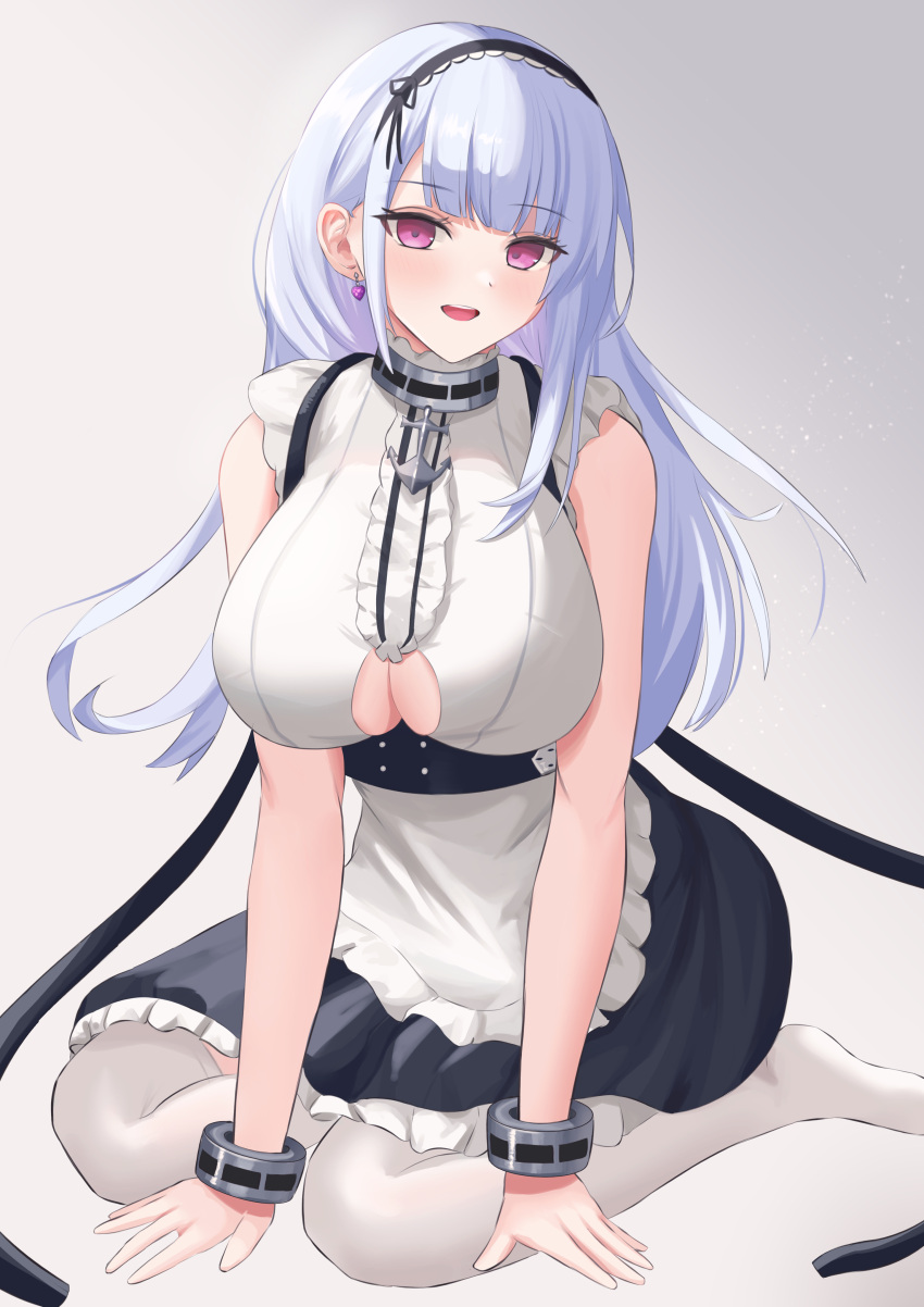 1girl absurdres anchor_symbol apron azur_lane black_hairband blue_hair breasts center_frills choker clothing_cutout collar dido_(azur_lane) earrings frilled_choker frills full_body grey_background hairband headband heart heart_earrings highres jewelry large_breasts long_hair looking_at_viewer maid metal_collar open_mouth purple_eyes purple_hairband purple_headband remapack77 shirt simple_background solo thighhighs underboob underboob_cutout white_apron white_shirt white_thighhighs