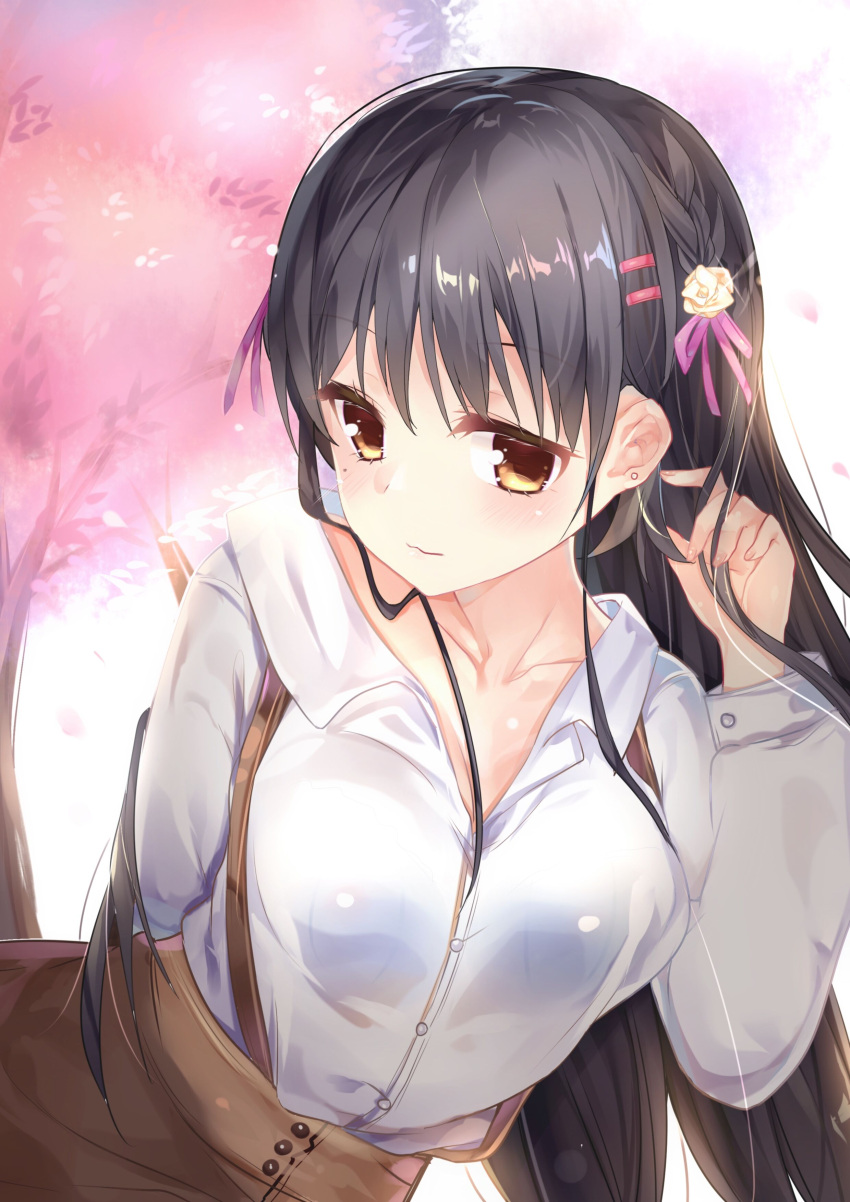 1girl absurdres arm_behind_back bangs black_hair blush braid breasts brown_skirt cafe_stella_to_shinigami_no_chou cherry_blossoms cleavage collar collarbone commentary_request earrings eyelashes falling_petals fingernails flower frown hair_flower hair_ornament hair_over_shoulder hair_ribbon hairclip hand_up head_tilt highres imoe_(1017933989) jewelry large_breasts long_hair long_sleeves looking_at_viewer mole mole_under_eye outdoors petals pink_ribbon playing_with_own_hair ribbon rose shiki_natsume shirt side_braid sidelocks skirt solo straight_hair stud_earrings suspender_skirt suspenders tree very_long_hair wavy_mouth white_collar white_flower white_rose white_shirt yellow_eyes