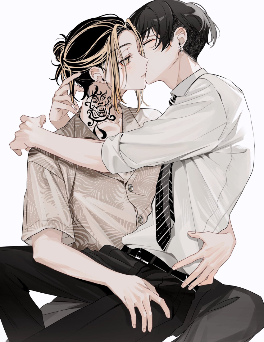 2boys arms_around_neck bangs belt belt_buckle black_belt black_hair black_necktie black_pants blonde_hair blush brown_shirt buckle buttons closed_eyes closed_mouth collarbone collared_shirt commentary_request diagonal-striped_necktie dress_shirt grey_eyes grey_pants hair_bun hanemiya_kazutora highres kiss kissing_cheek long_sleeves looking_at_another male_focus matsuno_chifuyu medium_hair mole mole_under_eye multicolored_hair multiple_boys neck_tattoo necktie neconecowc pants parted_bangs ponytail print_shirt profile shirt shirt_tucked_in short_hair short_sleeves sidelocks simple_background single_hair_bun sitting sitting_on_lap sitting_on_person sleeves_rolled_up streaked_hair striped_necktie tattoo tokyo_revengers two-tone_hair undercut white_background white_shirt wing_collar yaoi