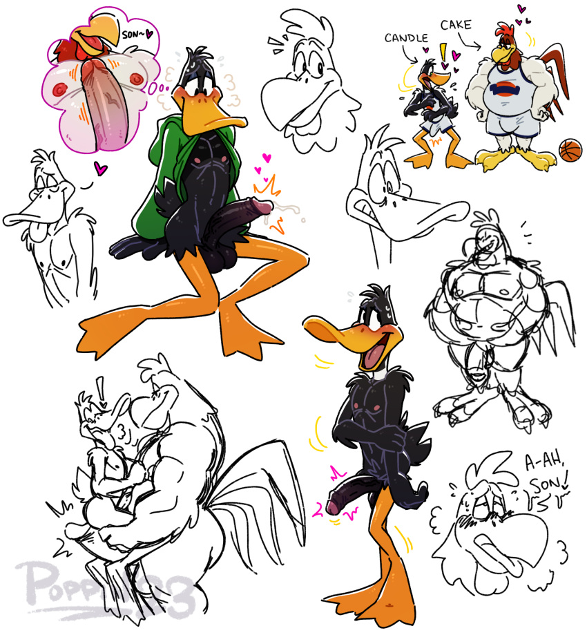 anatid anseriform anthro avian balls bird bottomwear bulge chicken clothing daffy_duck duck erection foghorn_leghorn galliform gallus_(genus) genitals hi_res humanoid_genitalia humanoid_penis looney_tunes male male/male penis phasianid poppin shorts space_jam warner_brothers