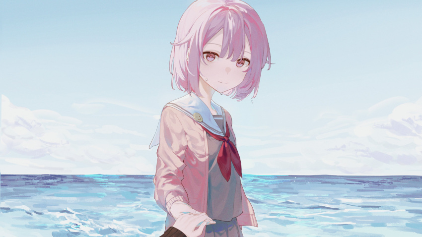 1girl absurdres asahina_mafuyu bangs cardigan chinese_commentary closed_mouth commentary_request highres holding_hands lingjiu_yuki long_sleeves miyamasuzaka_girls'_academy_school_uniform neckerchief ocean ootori_emu open_cardigan open_clothes pink_eyes pink_hair project_sekai red_neckerchief sailor_collar school_uniform short_hair skirt solo_focus water