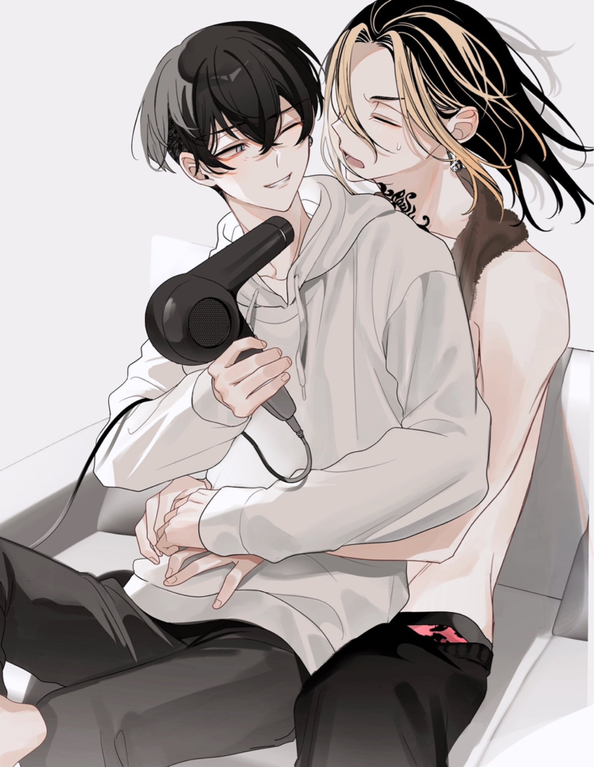 2boys arms_around_waist bangs black_hair black_pants blonde_hair closed_eyes collarbone commentary_request crossed_bangs drawstring earrings floating_hair grey_eyes grey_pants grin hair_between_eyes hair_dryer hand_up hanemiya_kazutora highres holding holding_hair_dryer hood hood_down hoodie jewelry long_sleeves looking_at_another male_focus matsuno_chifuyu medium_hair multicolored_hair multiple_boys neck_tattoo neconecowc one_eye_closed open_mouth pants parted_bangs short_hair sidelocks simple_background single_earring sitting smile streaked_hair sweatdrop tattoo teeth tokyo_revengers topless_male towel towel_around_neck two-tone_hair undercut white_background white_hoodie