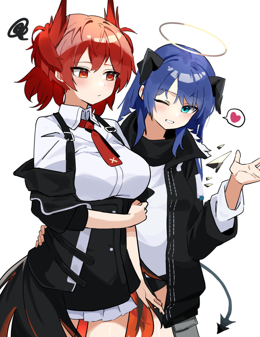 2girls animal_ears arknights bird_ears black_jacket black_shorts black_skirt blue_eyes blue_hair breasts closed_mouth collared_shirt demon_tail detached_wings fiammetta_(arknights) fur-trimmed_jacket fur_trim halo heart high-waist_skirt highres horns jacket long_hair medium_breasts mostima_(arknights) multiple_girls necktie off_shoulder poyason red_eyes red_hair red_necktie shirt short_hair shorts simple_background skirt smile speech_bubble spoken_heart tail teeth white_background white_shirt wings