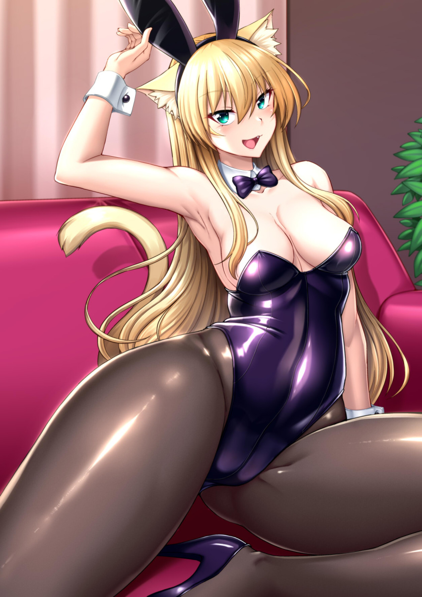 1girl animal_ear_fluff animal_ears aqua_eyes bare_shoulders black_leotard black_pantyhose blonde_hair bow bowtie breasts cat_ears cat_tail detached_collar fake_animal_ears fang hair_between_eyes high_heels highleg highleg_leotard highres indoors large_breasts leotard long_hair looking_at_viewer nokoppa open_mouth original pantyhose playboy_bunny rabbit_ears sitting solo strapless strapless_leotard tail wrist_cuffs