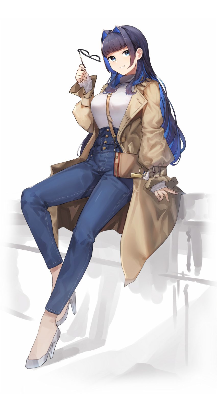 1girl absurdres bag bag_charm bangs blue_eyes blue_hair blunt_bangs breasts brown_bag brown_coat charm_(object) coat colored_inner_hair denim full_body grey_footwear hair_intakes hand_up handbag high-waist_pants high_heels highres holding holding_eyewear hololive hololive_english jeans large_breasts leaning_on_object long_hair long_legs looking_at_viewer multicolored_hair mung_(larnec) official_alternate_costume official_alternate_hair_length official_alternate_hairstyle open_clothes open_coat ouro_kronii pants parted_lips simple_background smile solo sweater sweater_tucked_in turtleneck turtleneck_sweater virtual_youtuber white_sweater