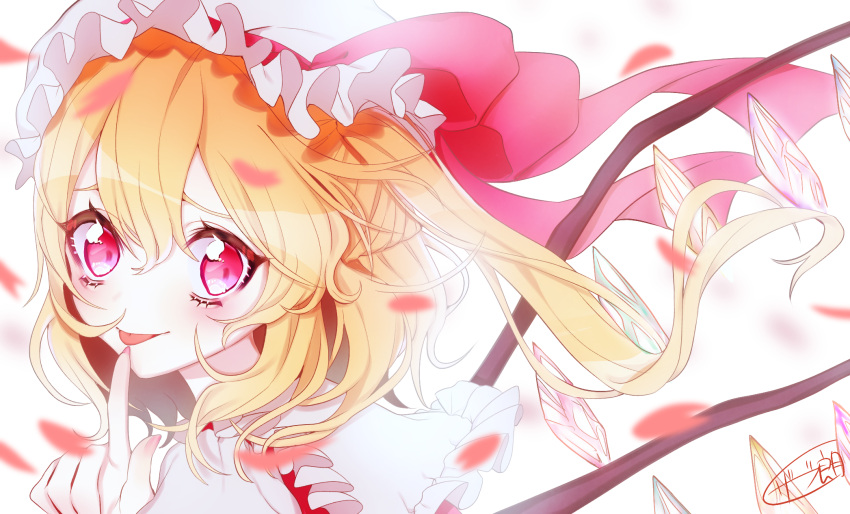 1girl :p bangs blonde_hair closed_mouth commentary_request crystal finger_to_mouth flandre_scarlet hat hat_ribbon highres index_finger_raised long_hair looking_at_viewer mob_cap one_side_up petals portrait red_eyes red_ribbon ribbon shirt signature smile solo tongue tongue_out touhou white_headwear white_shirt wings zabu_rou