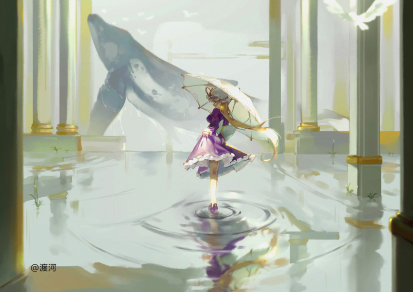 1girl artist_name back_bow blonde_hair bow column commentary dress floating_hair hat hat_ribbon holding holding_umbrella long_hair looking_at_viewer looking_back mob_cap pillar purple_dress purple_footwear red_ribbon ribbon ripples skirt_hold solo standing standing_on_liquid touhou tzafra umbrella very_long_hair water whale white_bow white_headwear wide_shot yakumo_yukari yellow_eyes