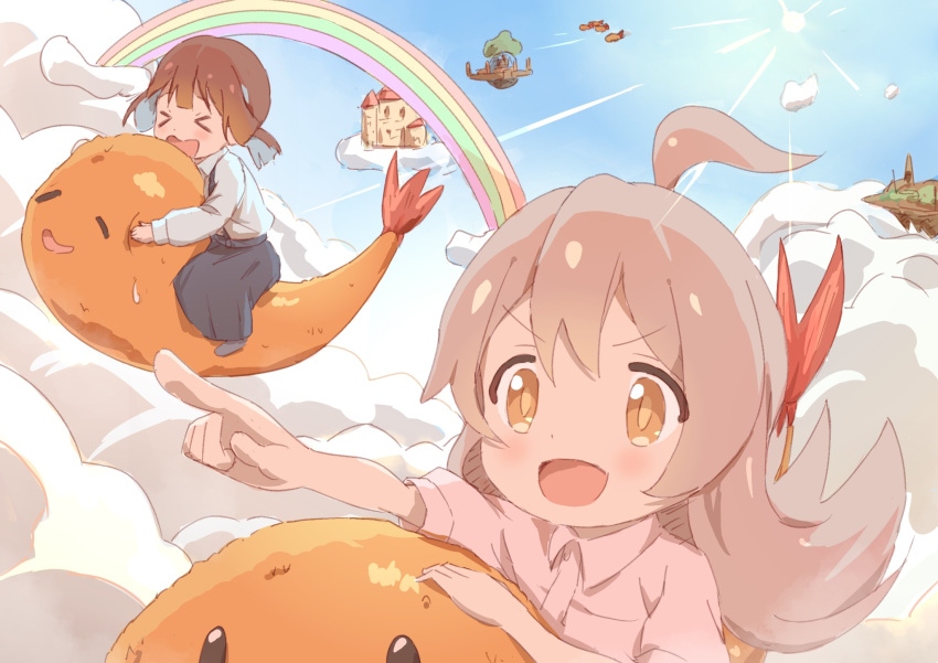 &gt;_&lt; 2girls :d ahoge blue_hair blue_sky brown_eyes brown_hair castle cloud commentary_request floating_castle floating_island flying food highres hozuki_momiji kaai_yuu light_blue_hair long_hair multicolored_hair multiple_girls onii-chan_wa_oshimai! open_mouth oyama_mahiro pink_hair pointing rainbow riding shirt short_hair shrimp shrimp_tempura sky smile sun tempura two-tone_hair v-shaped_eyebrows white_shirt