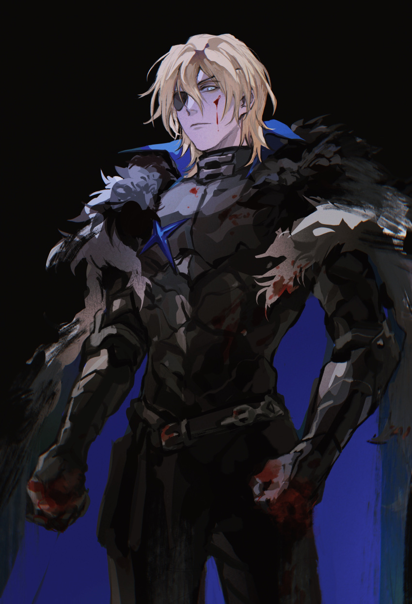 1boy absurdres armor bangs black_armor black_background black_coat blonde_hair blood blood_on_face blood_on_hands blue_coat blue_eyes clenched_hands closed_mouth coat commentary_request cowboy_shot dimitri_alexandre_blaiddyd expressionless eyepatch fire_emblem fire_emblem:_three_houses fur-trimmed_coat fur_trim hair_between_eyes highres looking_at_viewer male_focus medium_hair mimulishizi simple_background solo two-sided_coat