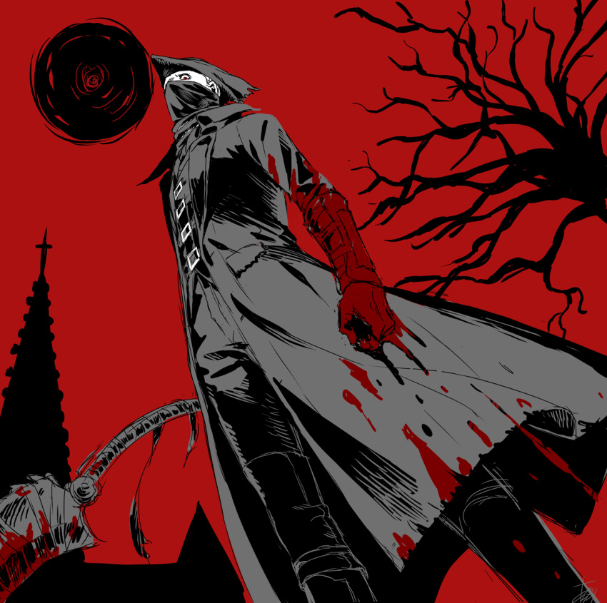 1boy arizuka_(catacombe) bangs black_background blood_on_gloves bloodborne boots building coat gloves hat highres holding holding_weapon hunter_(bloodborne) knee_boots looking_down mask mouth_mask open_clothes open_coat pants red_background red_eyes saw_cleaver scarf solo tree tricorne vest weapon