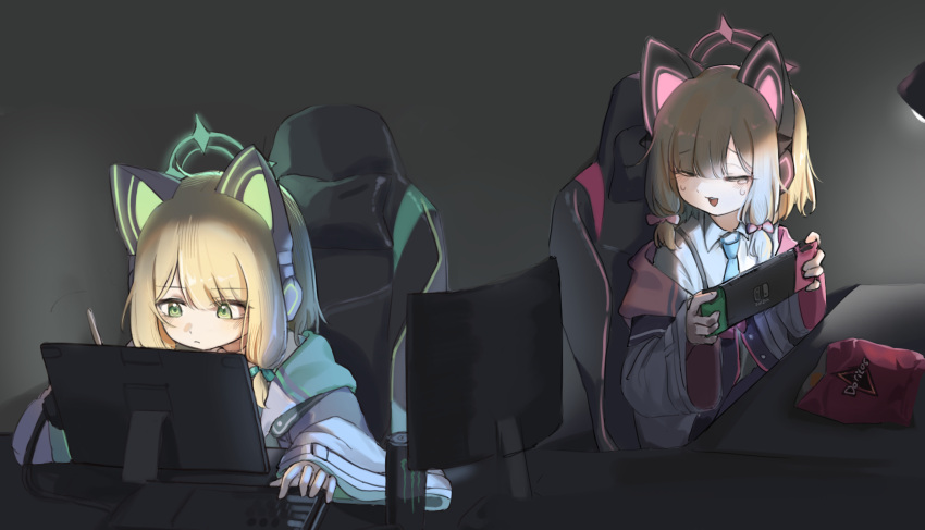 2girls absurdres animal_ears blonde_hair blue_archive cat_ears closed_eyes doritos drawing green_eyes halo highres holding holding_stylus momoi_(blue_archive) monitor multiple_girls nintendo_switch polyvora shirt siblings stylus twins white_shirt