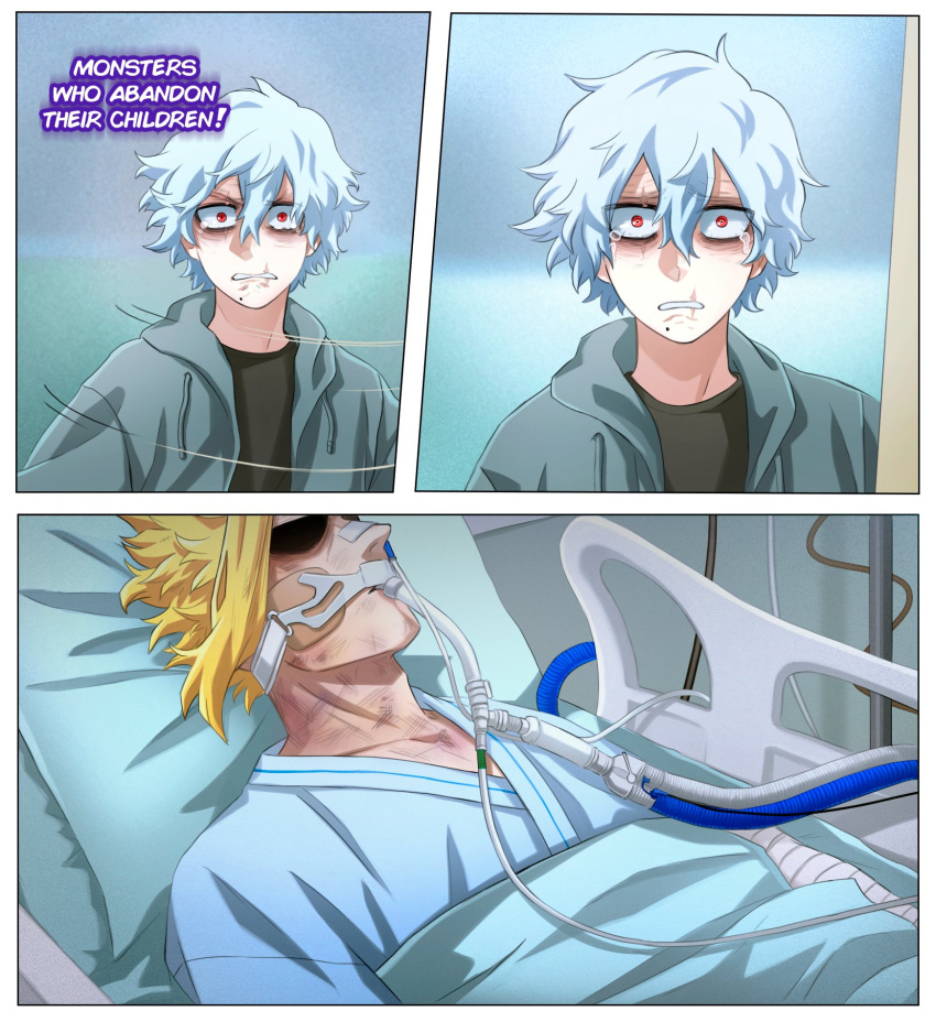 2boys all_might bangs bed black_shirt blanket blonde_hair boku_no_hero_academia bruise commentary english_commentary english_text grey_hair grey_jacket hair_between_eyes highres hospital hospital_bed hospital_gown injury jacket looking_at_viewer male_focus mole mole_under_mouth motion_lines multiple_boys open_clothes open_jacket pillow portrait red_eyes scar scar_on_face shigaraki_tomura shirt short_hair tearing_up teeth trevo_(trevoshere) yagi_toshinori