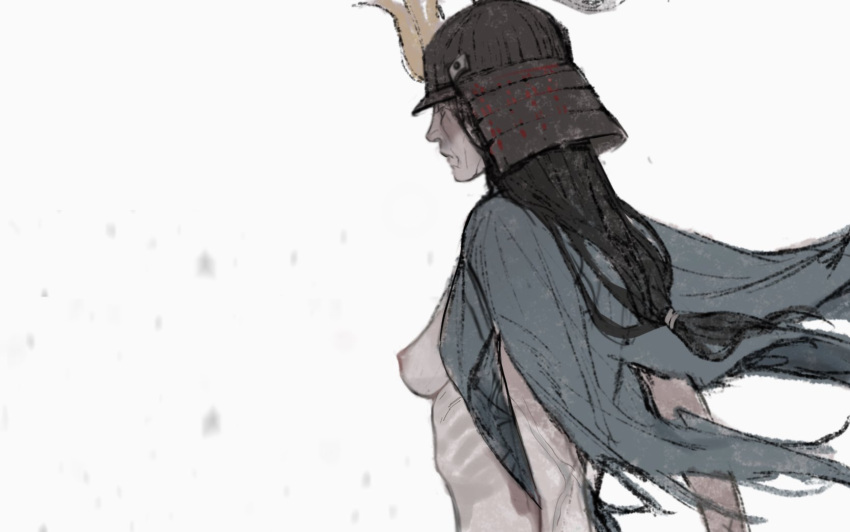 1girl ashina_isshin black_hair breasts brown_eyes cape character_request check_character closed_mouth fake_horns from_side genderswap genderswap_(mtf) grey_cape helmet highres horned_helmet horns long_hair medium_breasts nipples qi_dongye_yu sekiro:_shadows_die_twice simple_background torn_cape torn_clothes upper_body white_background