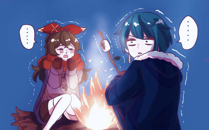 1boy 1girl amber_(genshin_impact) blue_hair branch brown_hair closed_eyes cocotsuko1204 earrings fire food genshin_impact gloves hair_between_eyes hair_ribbon highres holding hood jewelry long_sleeves marshmallow open_mouth red_ribbon red_scarf ribbon scarf shorts thighhighs xingqiu_(genshin_impact)
