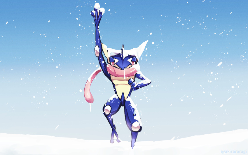 a-kiraa_(whisper) arm_up bright_pupils commentary_request day greninja highres leg_up outdoors pink_eyes pokemon pokemon_(creature) sky snow snowing solo standing standing_on_one_leg tongue white_pupils