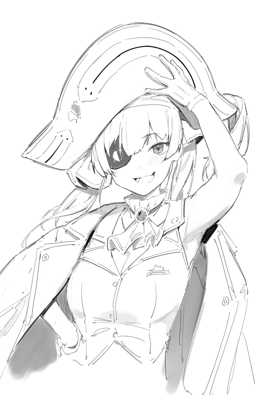 1girl :d armpits ascot bicorne blush brooch coat coat_on_shoulders eyepatch gloves greyscale hand_up hat highres hololive houshou_marine jewelry kotoribako long_hair looking_at_viewer monochrome open_mouth pirate_hat simple_background sketch smile solo twintails vest white_background