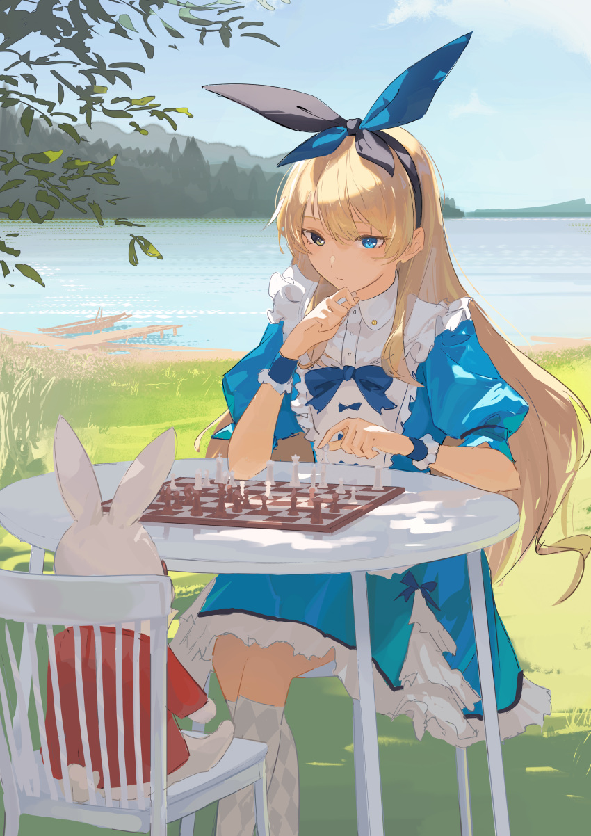 1girl absurdres alice_(alice_in_wonderland) alice_in_wonderland bangs black_hairband blonde_hair blue_dress blue_eyes blue_hairband blue_ribbon blue_sky board_game chair chess chessboard closed_mouth cloud commentary day dress elbow_on_table english_commentary feet_out_of_frame finger_to_own_chin frilled_dress frills grass hair_between_eyes hair_ribbon hairband hand_up heterochromia highres kneehighs long_hair looking_at_object mountain on_chair outdoors pinafore_dress puffy_short_sleeves puffy_sleeves ribbon river short_sleeves sitting sky socks solo stuffed_animal stuffed_bunny stuffed_toy sunglasses table tree very_long_hair wakuseiy white_socks wrist_cuffs yellow_eyes