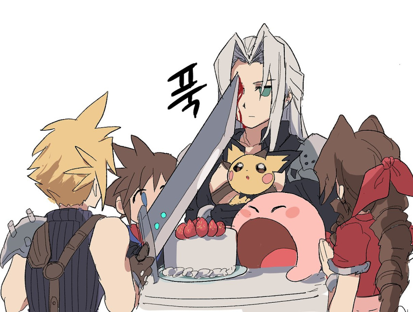 1girl 1other 4boys aerith_gainsborough armor bangs black_jacket blonde_hair blood blood_from_eyes blue_eyes blue_shirt braid braided_ponytail brown_hair buster_sword closed_eyes cloud_strife cropped_jacket dress final_fantasy final_fantasy_vii food gloves green_eyes grey_hair hair_ribbon holding holding_sword holding_weapon jacket kirby kirby_(series) long_hair materia multiple_boys nt_26 open_mouth parted_bangs pichu pink_dress pokemon pokemon_(creature) red_jacket red_ribbon ribbon sephiroth shirt short_hair shoulder_armor sidelocks sleeveless sleeveless_turtleneck sora_(kingdom_hearts) spiked_hair stab strawberry_shortcake super_smash_bros. suspenders sword turtleneck upper_body weapon white_background