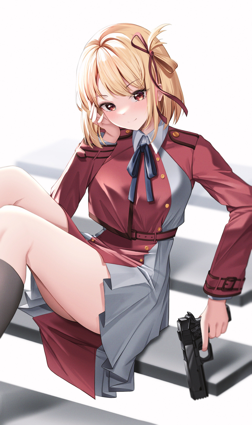 1girl absurdres belt black_socks blonde_hair blue_ribbon breasts closed_mouth dress elbow_rest finger_on_trigger gun handgun head_rest highres holding holding_gun holding_weapon lancheu long_sleeves looking_at_viewer lycoris_recoil lycoris_uniform m1911 neck_ribbon nishikigi_chisato one_side_up pleated_dress red_belt red_dress red_eyes ribbon short_hair sitting sitting_on_stairs smile socks solo stairs thighs weapon white_background wing_collar
