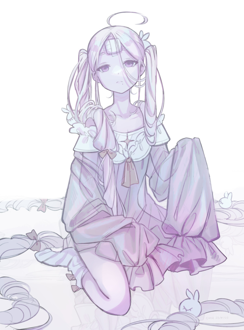 1other absurdly_long_hair absurdres ahoge bandages bow chise_(vtuber) chiseoyasumi eyecolyte_(chiseoyasumi) frilled_sleeves frills hair_bow hair_ornament highres long_hair looking_at_viewer messy_hair mole mole_under_mouth nightgown off_shoulder purple_eyes rabbit_hair_ornament see-through star_(symbol) twintails very_long_hair very_long_sleeves white_background white_hair
