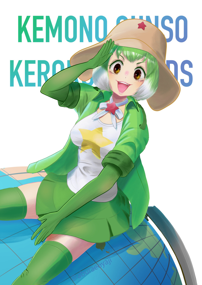 1girl absurdres aburaeoyaji black_eyes bow bowtie elbow_gloves globe gloves green_hair grey_hair hat highres jacket kemono_friends kemono_friends_3 keroro_(kemono_friends) keroro_gunsou kneehighs looking_at_viewer multicolored_hair open_mouth shirt simple_background skirt smile socks solo star_(symbol) two-tone_hair