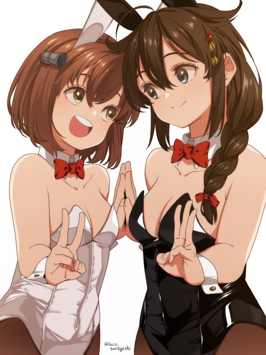 2girls ahoge animal_ears black_leotard blue_eyes bow bowtie braid breasts brown_eyes brown_hair brown_pantyhose covered_navel detached_collar fake_animal_ears hair_flaps hair_ornament hair_over_shoulder highleg highleg_leotard highres kantai_collection laco_soregashi leotard multiple_girls open_mouth pantyhose playboy_bunny rabbit_ears shigure_(kancolle) shigure_kai_ni_(kancolle) short_hair single_braid small_breasts speaking_tube_headset strapless strapless_leotard traditional_bowtie twitter_username upper_body white_leotard wrist_cuffs yukikaze_(kancolle)