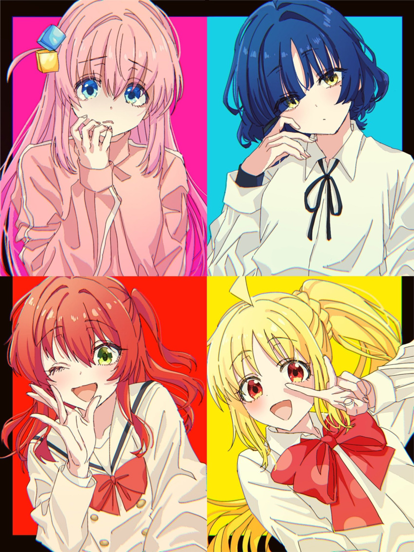 4girls ;d ahoge bangs blonde_hair blue_hair blunt_bangs bocchi_the_rock! bow bowtie cube_hair_ornament gotou_hitori hair_ornament head_tilt highres ijichi_nijika jacket kita_ikuyo looking_at_viewer loose_neck_ribbon multiple_girls one_eye_closed one_side_up paddy_field pink_hair pink_jacket red_bow red_bowtie red_eyes sailor_collar school_uniform shirt side_ponytail simple_background smile track_jacket upper_body v v_over_eye white_shirt yamada_ryou