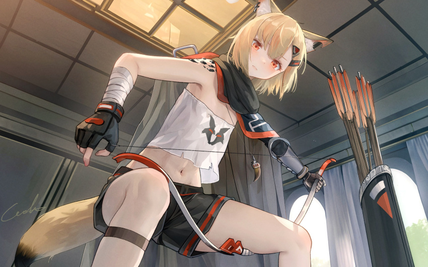 1girl animal_ear_fluff animal_ears arknights arrow_(projectile) bandaged_arm bandages bangs black_cloak black_shorts blonde_hair bow_(weapon) cloak closed_mouth commentary_request cowboy_shot curtains fingerless_gloves flat_chest fox_ears fox_girl fox_tail from_below gloves hair_between_eyes hair_ornament hairclip highres indoors jewelry looking_down midriff navel necklace notched_ear orange_eyes oripathy_lesion_(arknights) prosthesis prosthetic_arm quiver shirt short_hair shorts sidelocks signature single_bare_shoulder solo squatting strapless strapless_shirt tail tooth_necklace vermeil_(arknights) weapon welt_(kinsei_koutenkyoku) white_shirt window