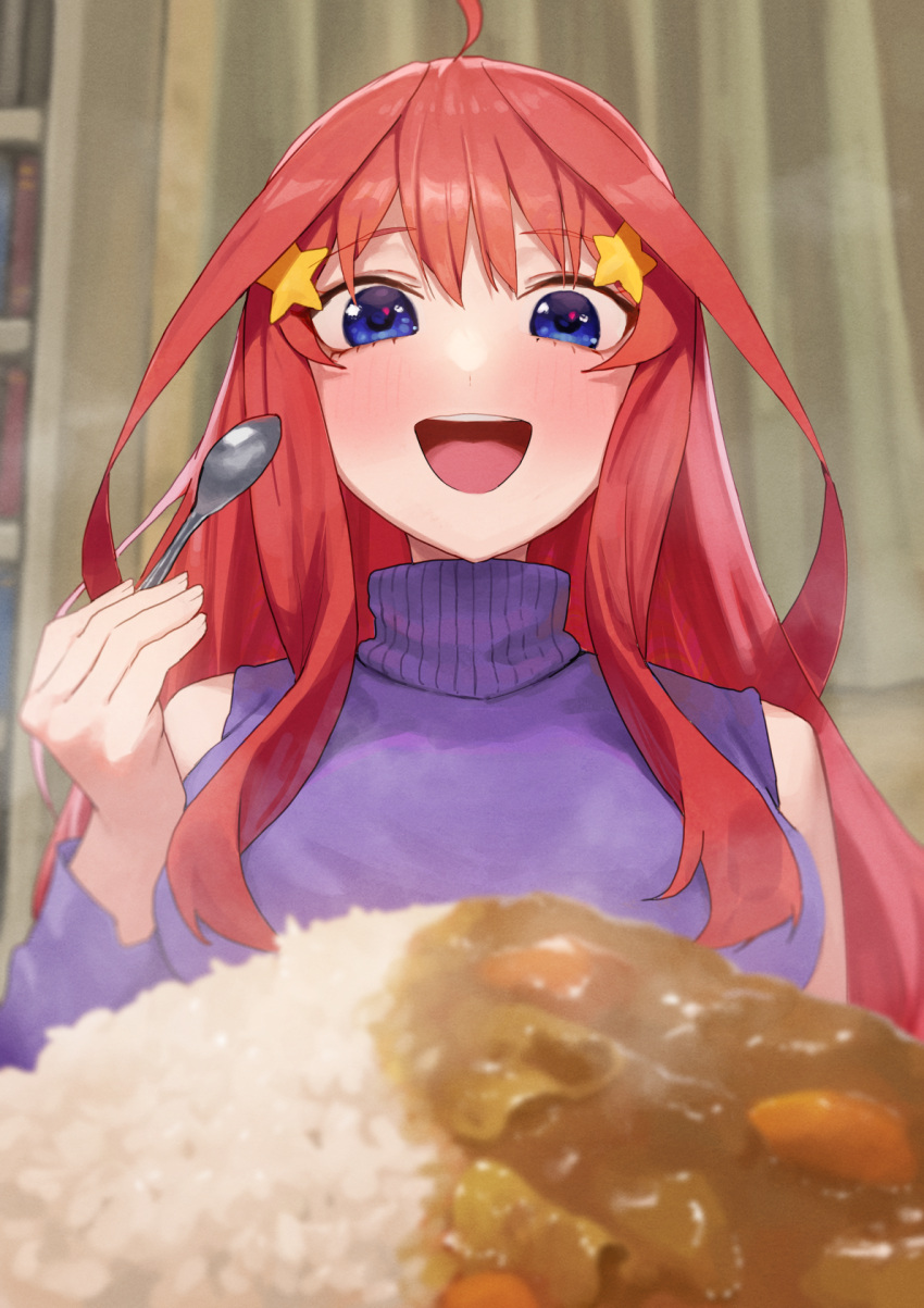 1girl ahoge bangs blue_eyes blush commentary curry eyelashes food food_focus go-toubun_no_hanayome gomashiwo_o hair_between_eyes hair_ornament highres holding holding_spoon indoors long_hair looking_at_food looking_down nakano_itsuki purple_sweater red_hair round_teeth sidelocks solo spoon star_(symbol) star_hair_ornament steam sweater teeth upper_teeth_only very_long_hair