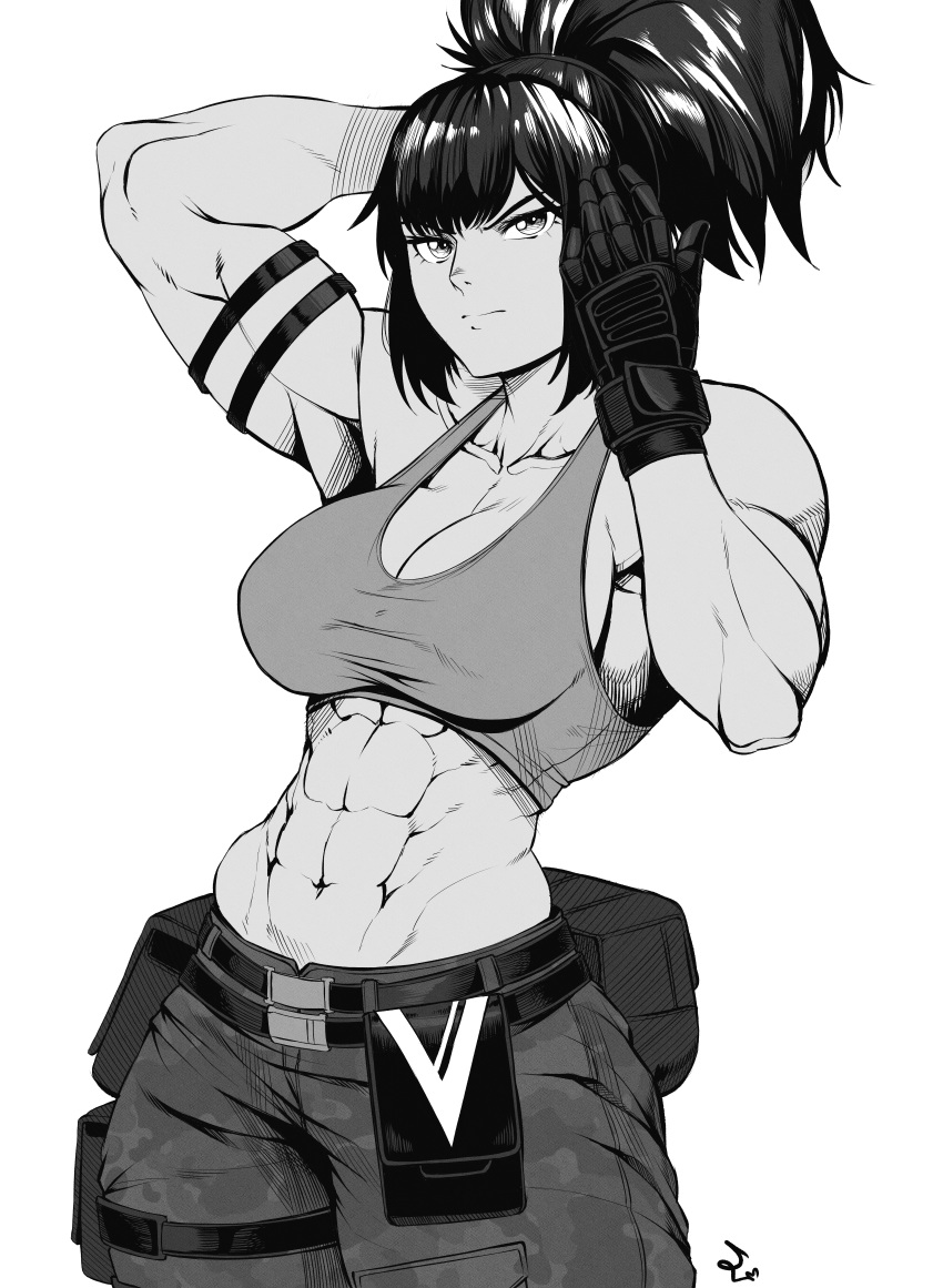 1girl abs absurdres armlet biceps black_gloves breasts camouflage camouflage_jacket gloves greyscale highres jacket leona_heidern looking_at_viewer military monochrome muscular muscular_female ponytail simple_background solo speedl00ver tank_top the_king_of_fighters the_king_of_fighters_xiv the_king_of_fighters_xv white_background