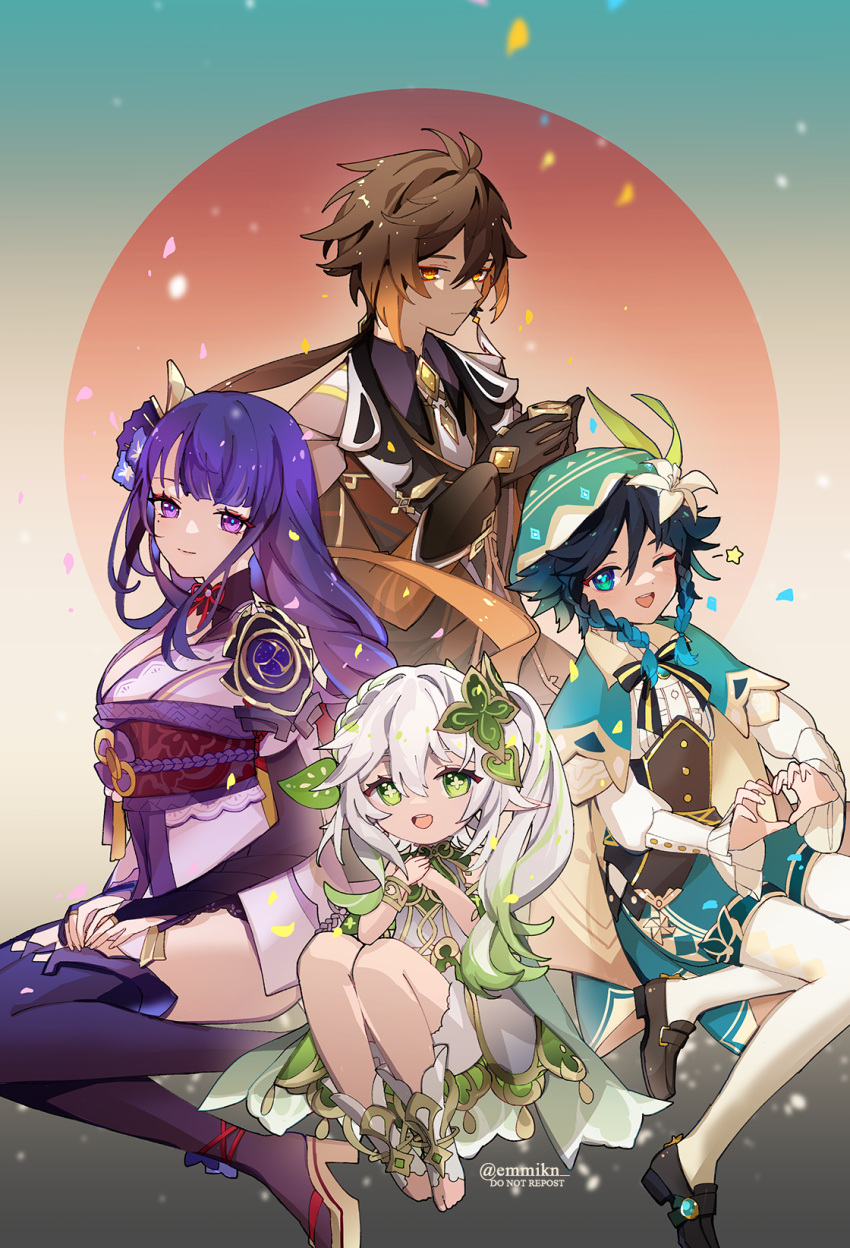 2boys 2girls ;d antenna_hair aqua_hair argyle argyle_legwear armor bangs beret black_gloves blush breasts brown_hair cape cecilia_flower_(genshin_impact) cleavage closed_mouth collared_cape cup earrings emmikn flower flower-shaped_pupils genshin_impact gloves gradient_hair green_cape green_eyes green_shorts hair_between_eyes hair_ornament hat hat_flower heart heart_hands highres holding holding_cup japanese_clothes jewelry kimono leaf_hair_ornament long_hair long_sleeves looking_at_viewer multicolored_hair multiple_boys multiple_girls nahida_(genshin_impact) necktie obi one_eye_closed open_mouth orange_eyes purple_eyes purple_hair purple_kimono raiden_shogun sash shorts shoulder_armor side_ponytail sidelocks single_earring smile stirrup_legwear symbol-shaped_pupils tassel tassel_earrings toeless_legwear twitter_username venti_(genshin_impact) white_necktie zhongli_(genshin_impact)