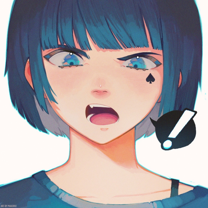 ! 1girl angry bangs blue_eyes blue_hair blue_shirt bug butterfly close-up looking_at_viewer makorie open_mouth original shirt simple_background solo speech_bubble striped striped_shirt tattoo upper_body white_background